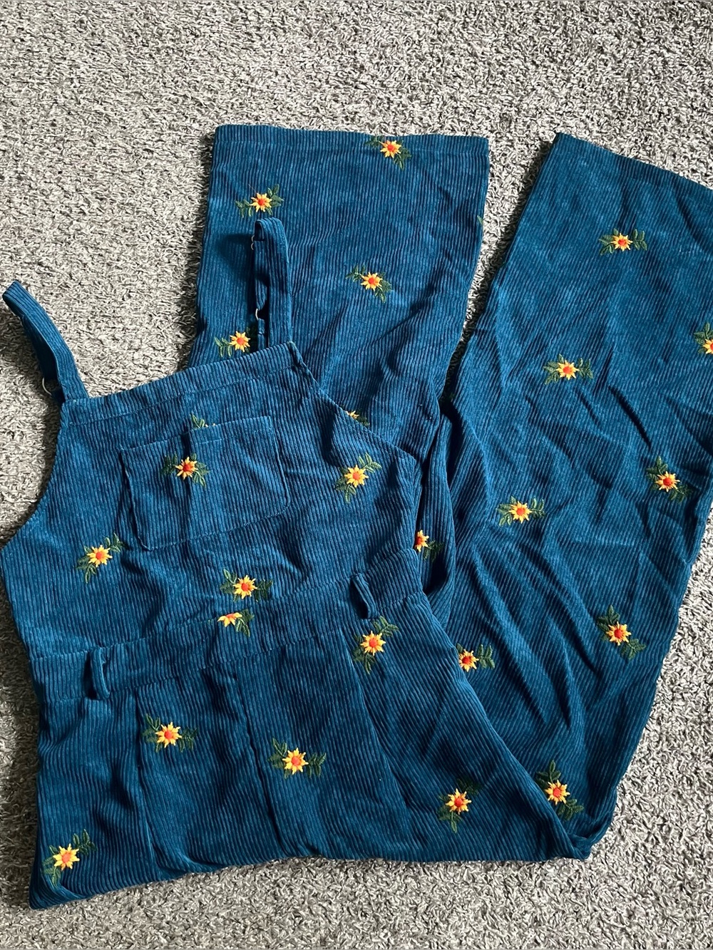 Women's Sunflower Embroidered Corduroy Overalls Teal  Medium Boho Wide Leg